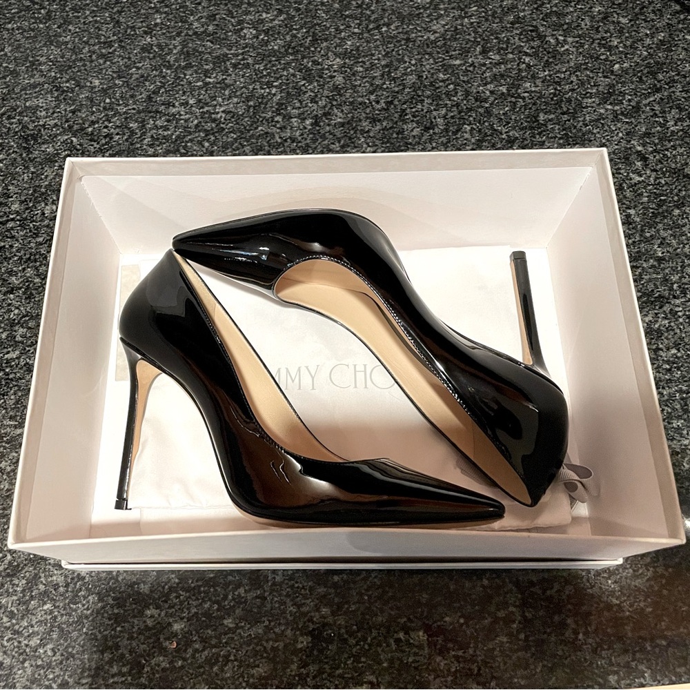 Jimmy Choo Romy 100 Black Patent Stiletto Heels; Size 39